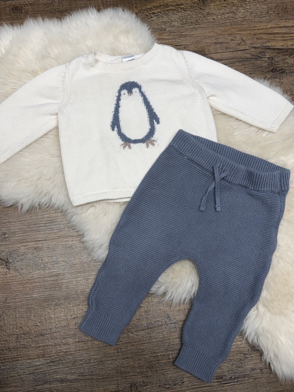 Carters Cozy Penguin Knit Baby Set - Cream Sweater & Slate Blue Pants size 9 mo